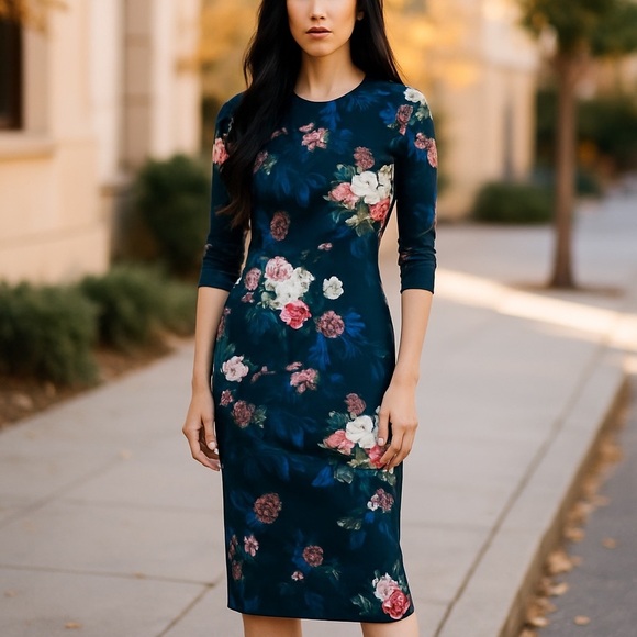 TOPSHOP Women's 6 Fitted Midi Soft Stretch 3/4 Sleeve Floral Butterfly Dress - Picture 1 of 5